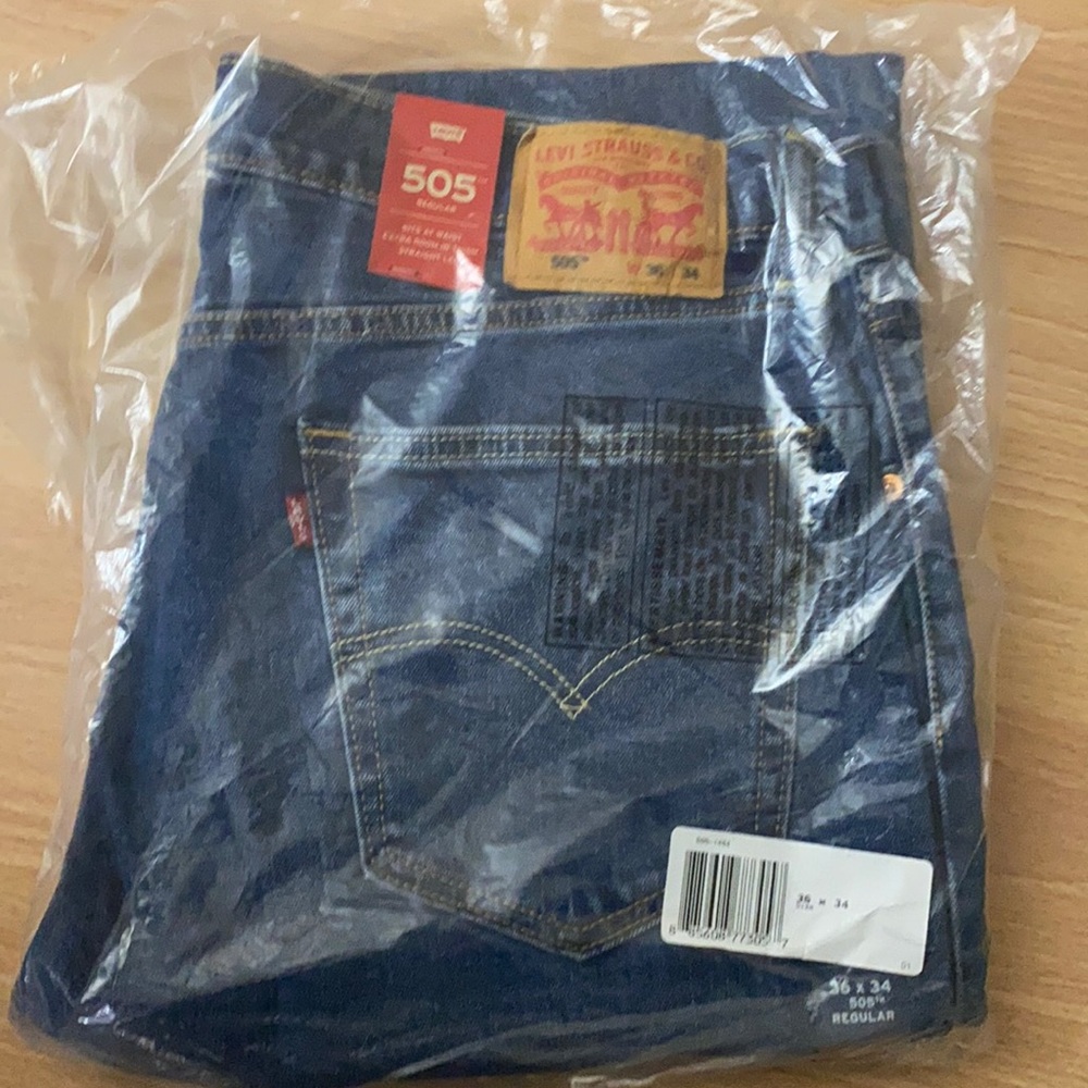 Levi Strauss men’s 505 jeans, never worn new in the package. Size 36×34